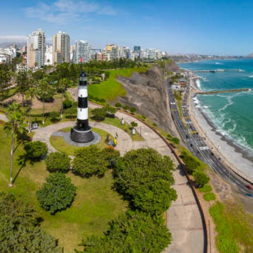 Lima, Peru: Aerial view of the Miraflores Lighthouse and the sea in a sunny day